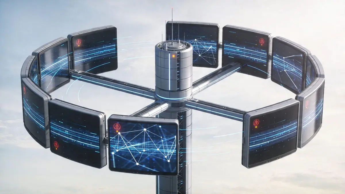 A futuristic central tower connected to several digital display screens showing network nodes and data flows.