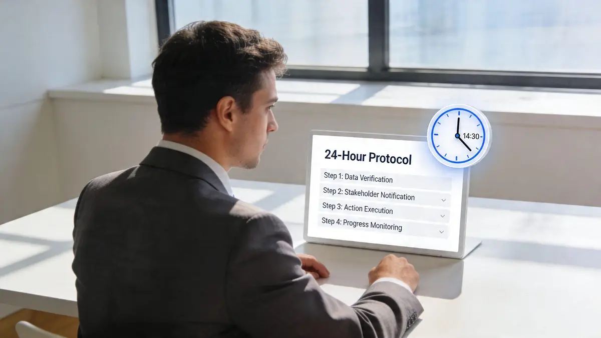 A professional man in a suit reviewing a 24-hour protocol on a digital screen with a clock.