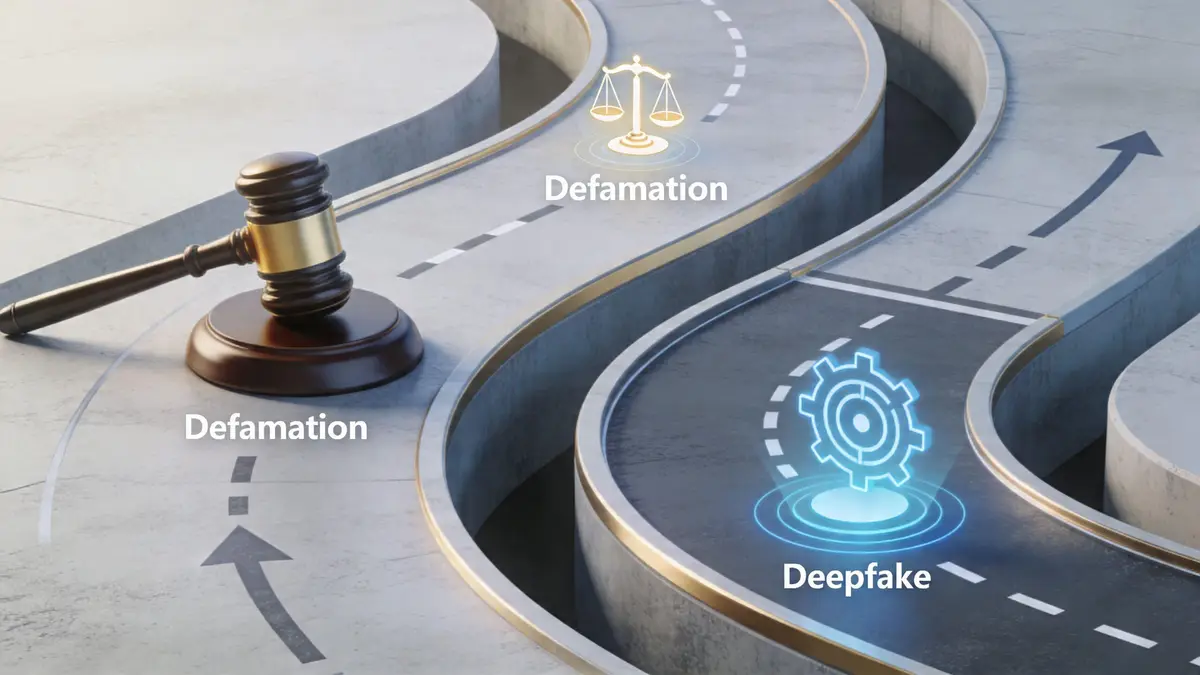 A gavel sits on a winding road representing legal action against defamation and the threat of deepfake technology.