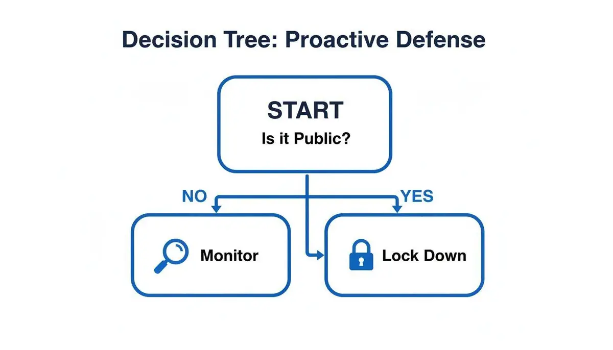 A decision tree for proactive defense: monitor if not public, lock down if public.