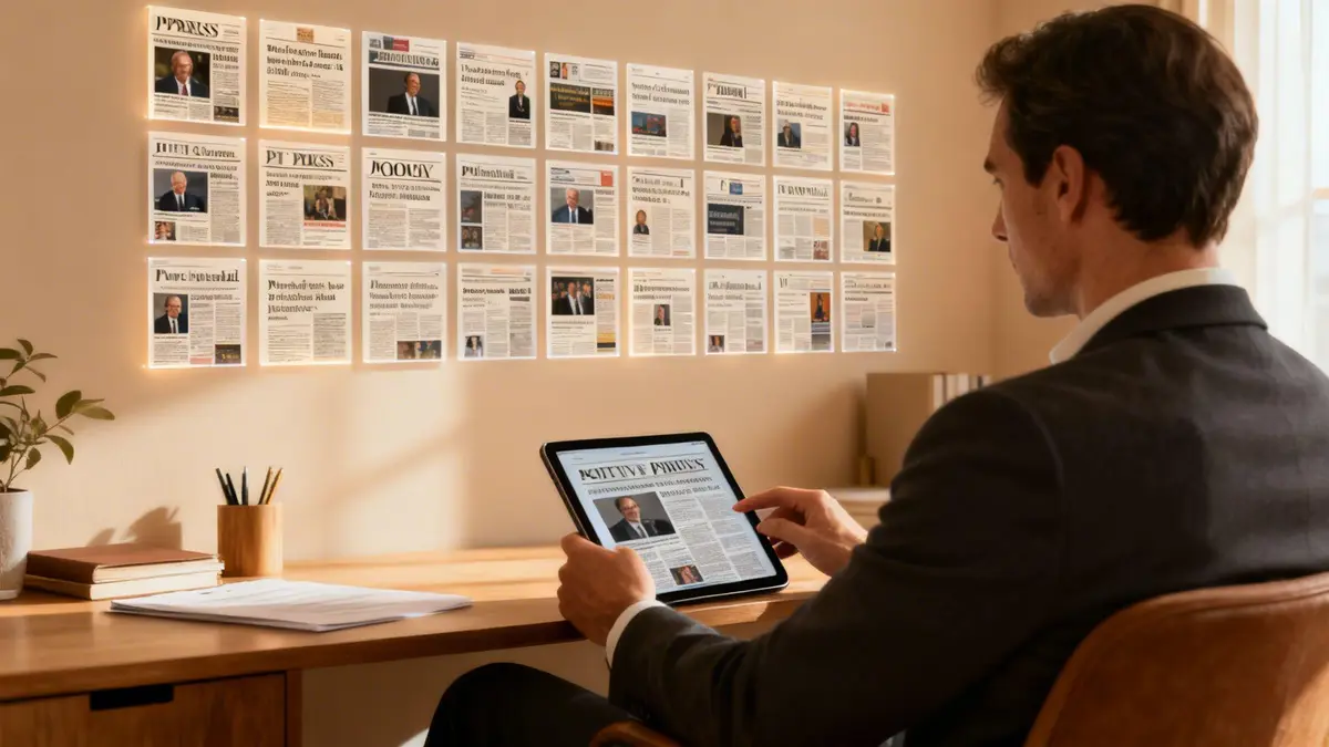 A man in a suit reads news on a tablet, surrounded by numerous floating digital newspaper screens.