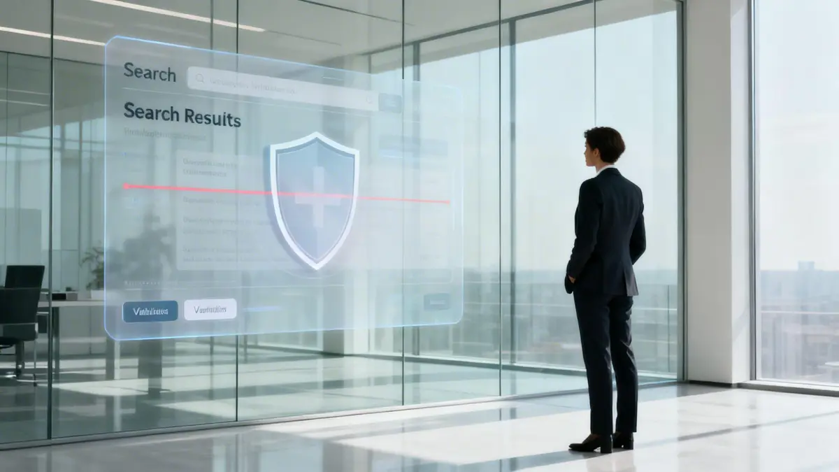 A professional in a suit views a transparent holographic screen displaying search results with a shield icon.