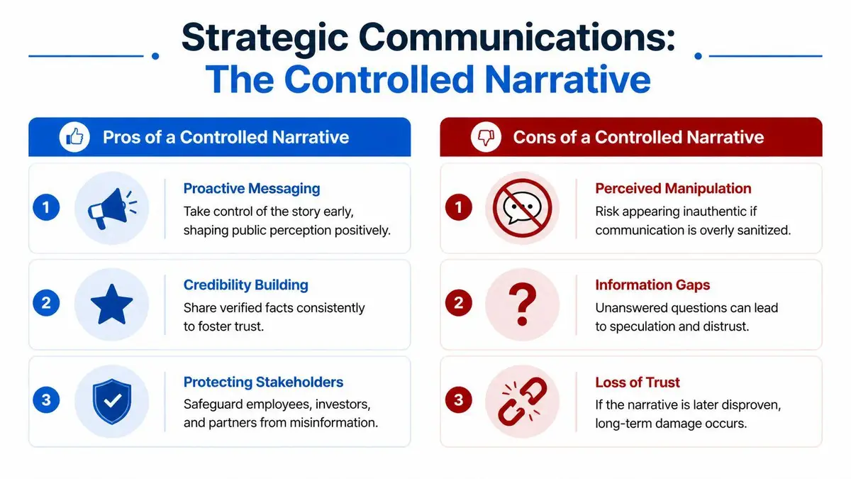 An infographic comparing the benefits and drawbacks of using a controlled narrative in strategic communications.