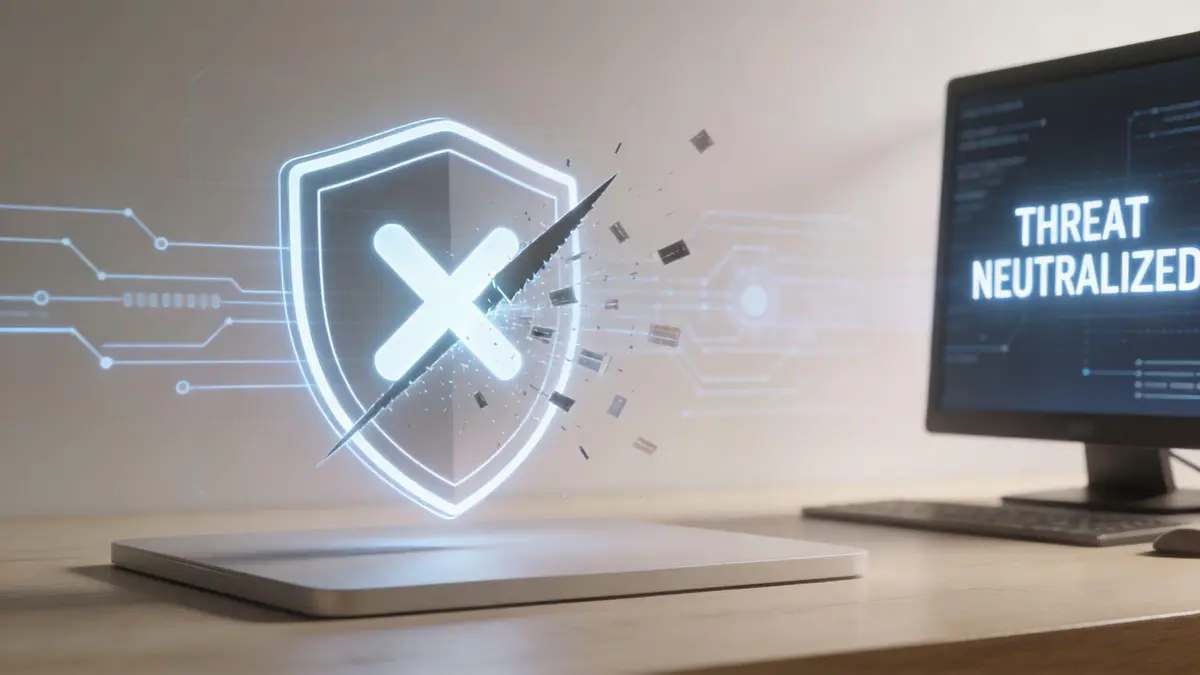 A digital shield icon displaying a cross being struck, with text on a computer screen reading threat neutralized.