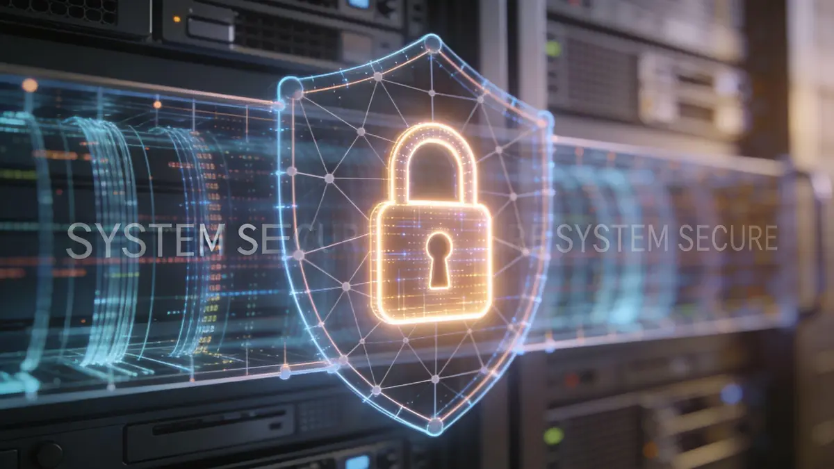 A digital graphic showing a glowing padlock inside a protective shield overlaying server rack hardware equipment.