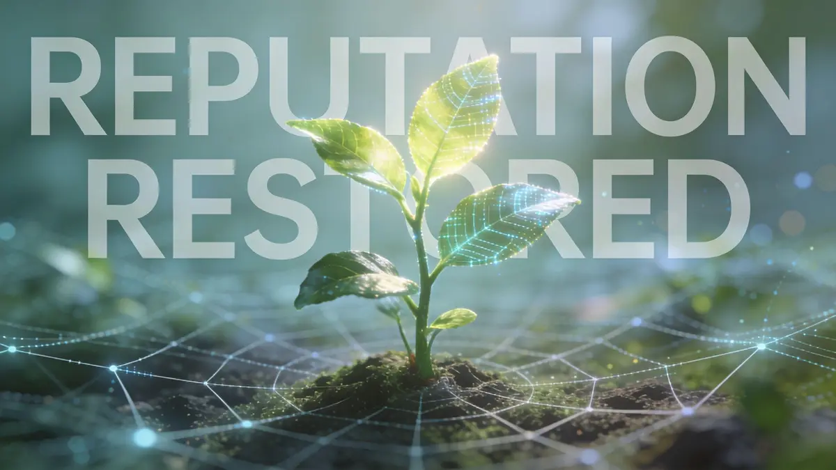 A small green plant growing through a digital network web, symbolizing recovery and positive reputation growth.