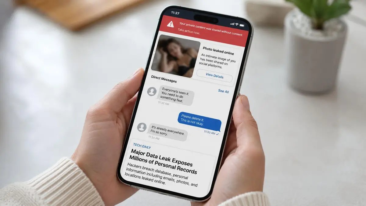 A person holding a smartphone displaying urgent notifications about a private photo leak and data breach.