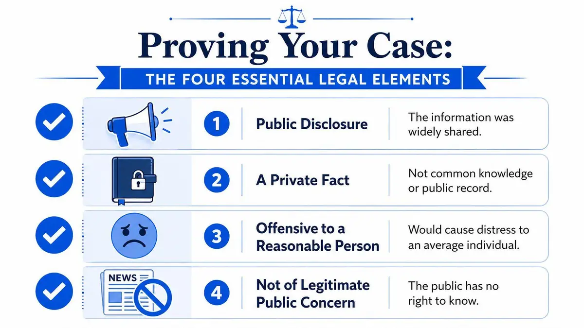 An infographic detailing the four essential legal elements for proving a public disclosure of private facts case.