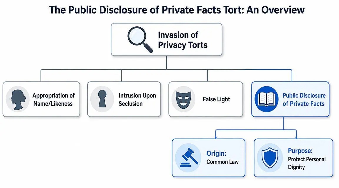 A diagram illustrating the four types of invasion of privacy torts, highlighting public disclosure of private facts.