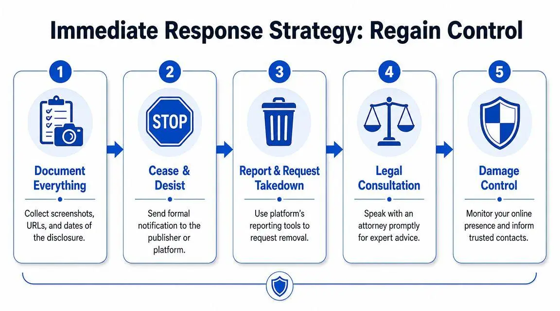 A five-step infographic showing an immediate response strategy to regain control after a private data leak.
