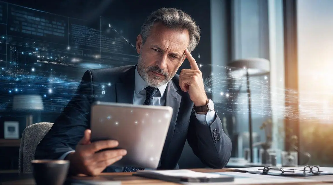 A pensive businessman in a suit reviewing digital data on a tablet in a modern office.