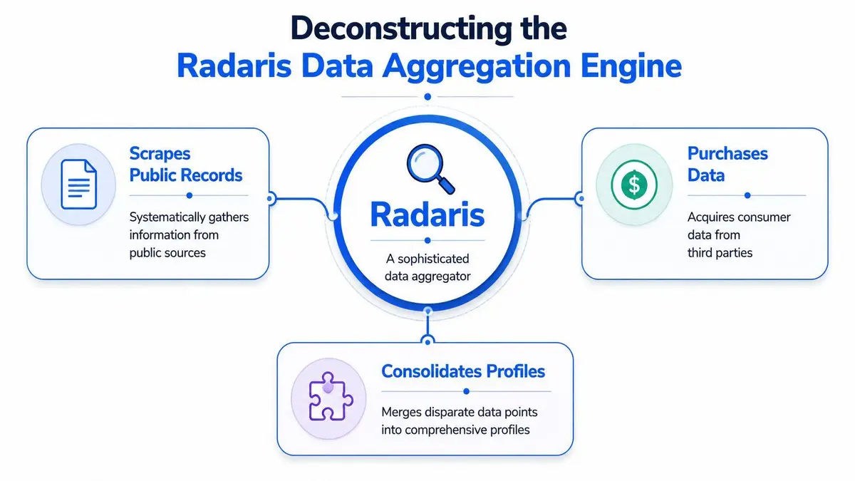 A diagram illustrating how the Radaris data engine collects information from public records and third-party sources.