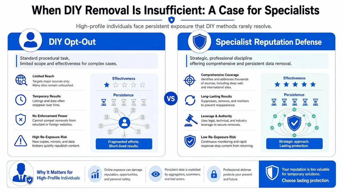 A comparison infographic showing DIY data removal vs specialist reputation defense services for high-profile individuals' online privacy.