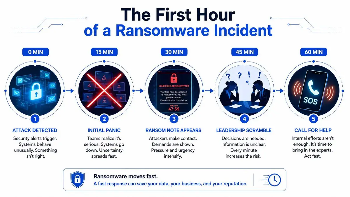 A timeline infographic illustrating the critical stages of the first hour during a ransomware security incident.