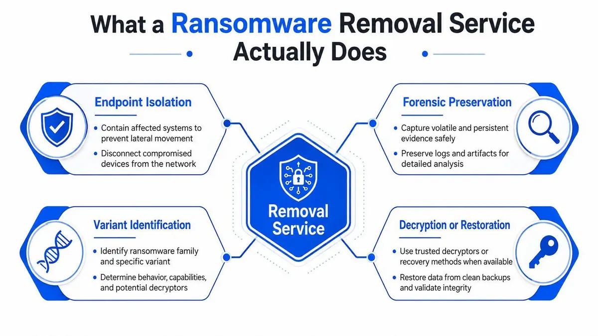 An infographic detailing the four key processes of a ransomware removal service: endpoint isolation, forensic preservation, variant identification, and restoration.
