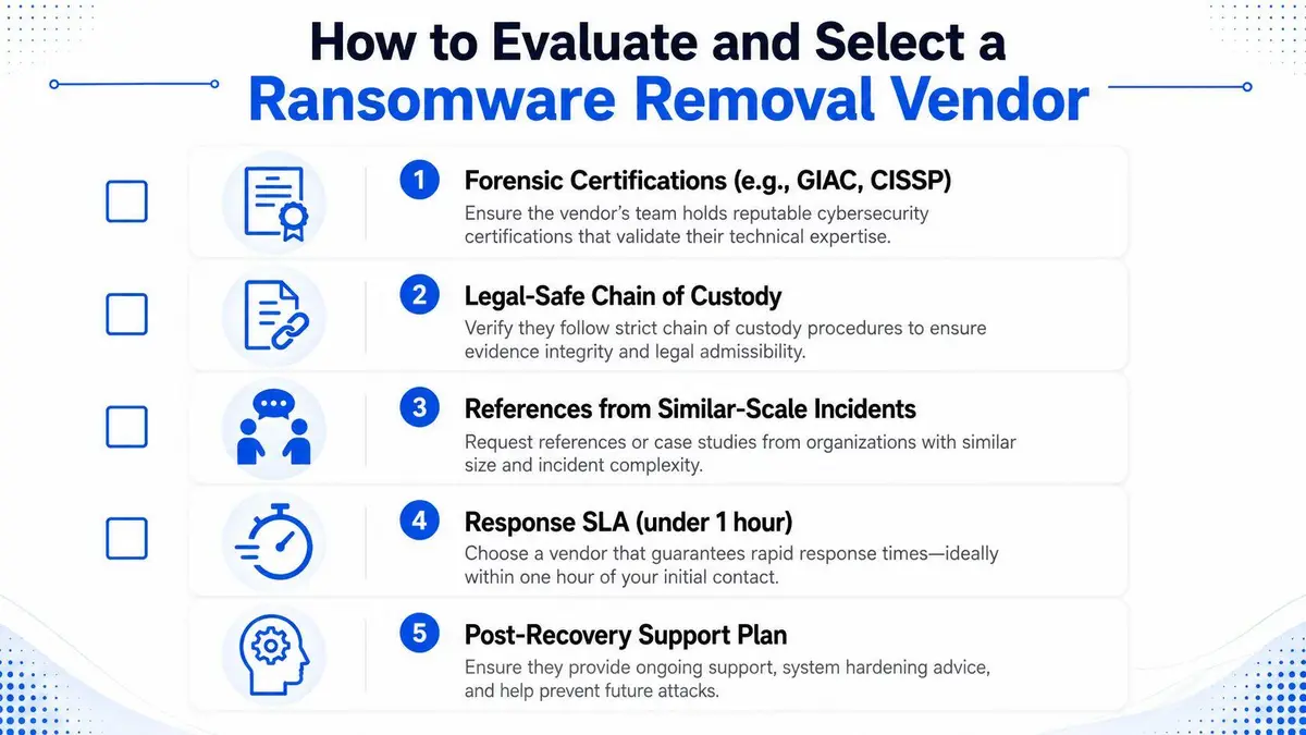 A checklist infographic outlining five key factors to consider when selecting a ransomware removal service provider.