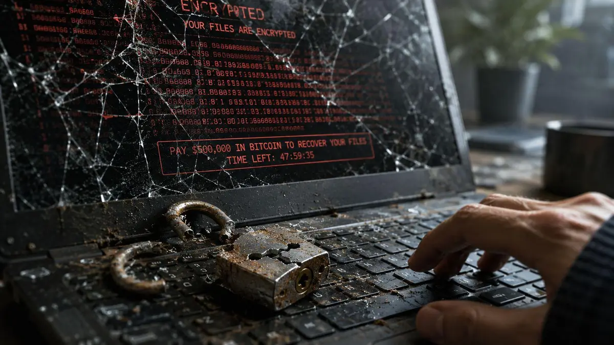 A close-up view of a cracked laptop screen displaying a scary ransomware demand for cryptocurrency payment.