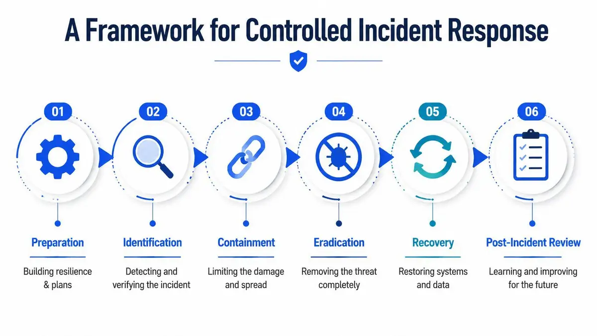 A six-step infographic titled A Framework for Controlled Incident Response illustrating cybersecurity incident response procedures.