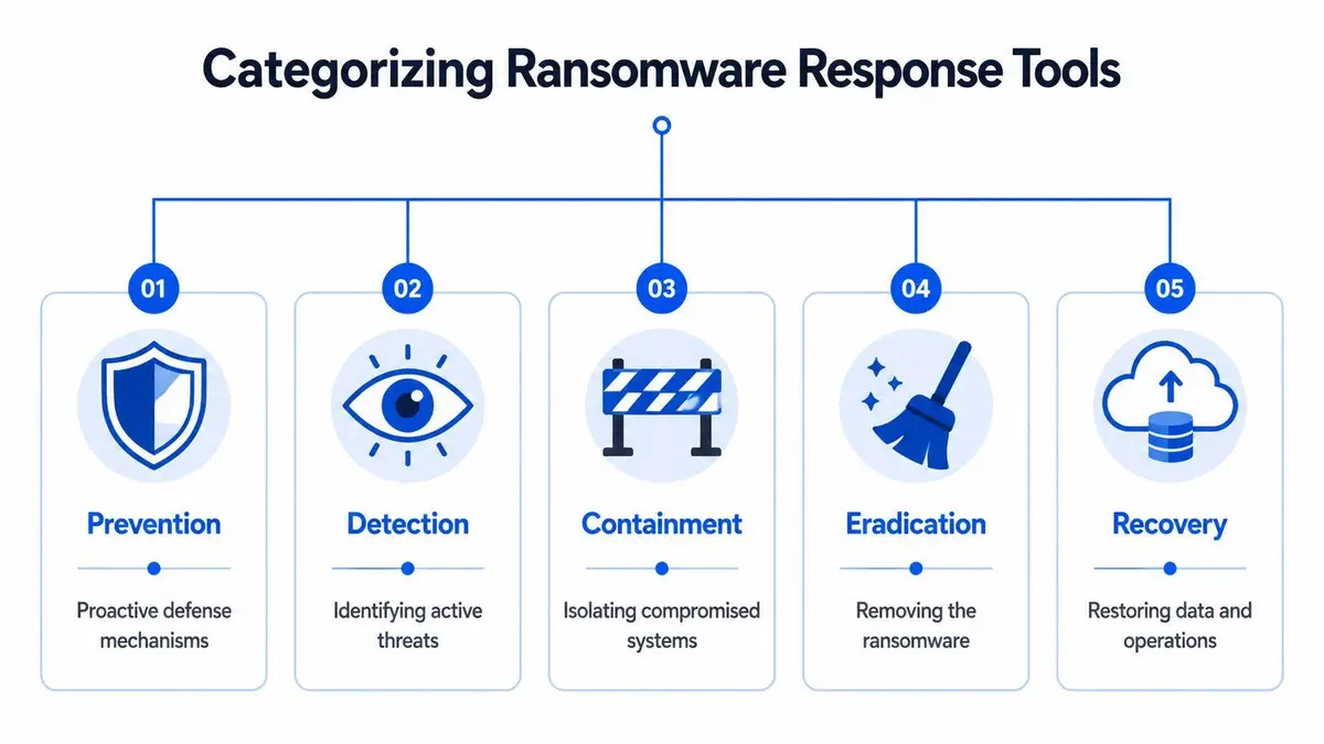 A diagram categorizing ransomware response tools into five stages: prevention, detection, containment, eradication, and recovery.