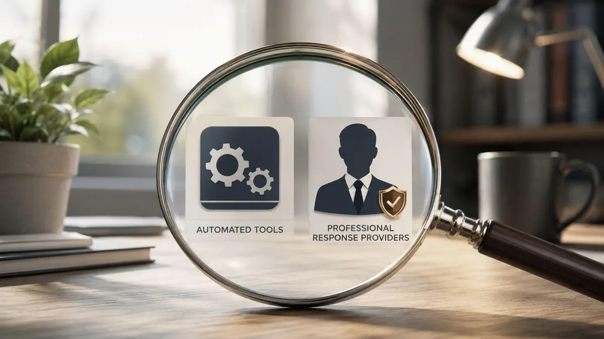 A magnifying glass focusing on two categories: automated tools and professional response providers for cyber security solutions.
