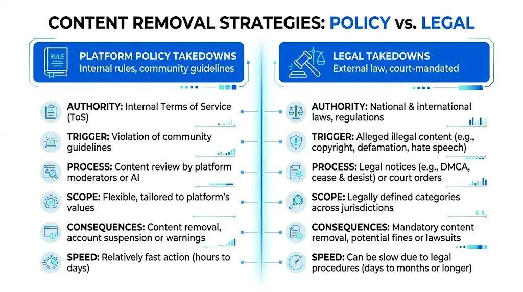 A comparison chart outlining differences between platform policy takedowns and legal content removal strategies for online platforms.