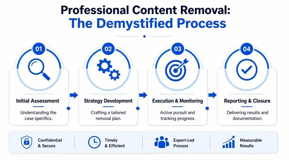 A four-step infographic illustrating the professional process for removing online content, highlighting assessment, strategy, execution, and reporting.