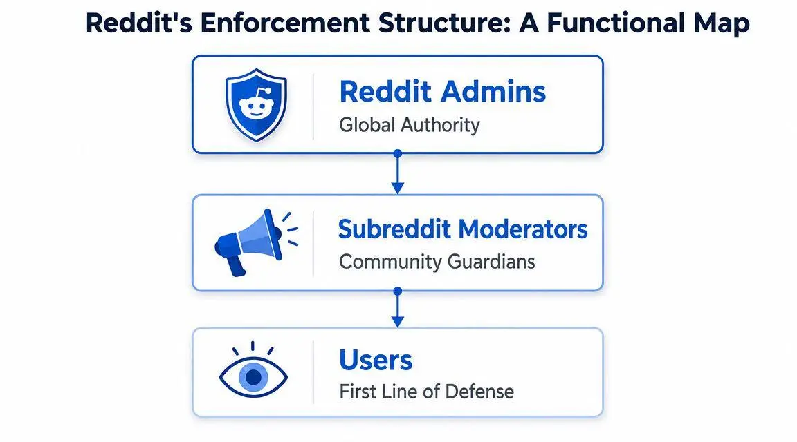 A hierarchical chart depicting the enforcement structure on Reddit, from global admins down to individual users.