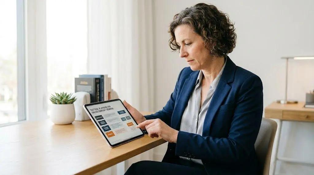 A professional woman in a suit reviews an online content removal flowchart on a digital tablet.