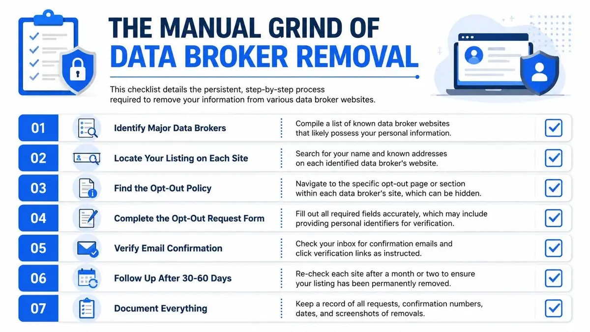 An infographic showing a seven-step checklist for the manual process of removing personal data from broker websites.