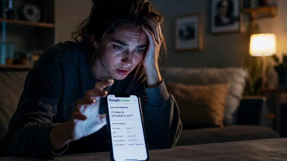 A distressed young woman looking at her personal contact information displayed on a smartphone screen.