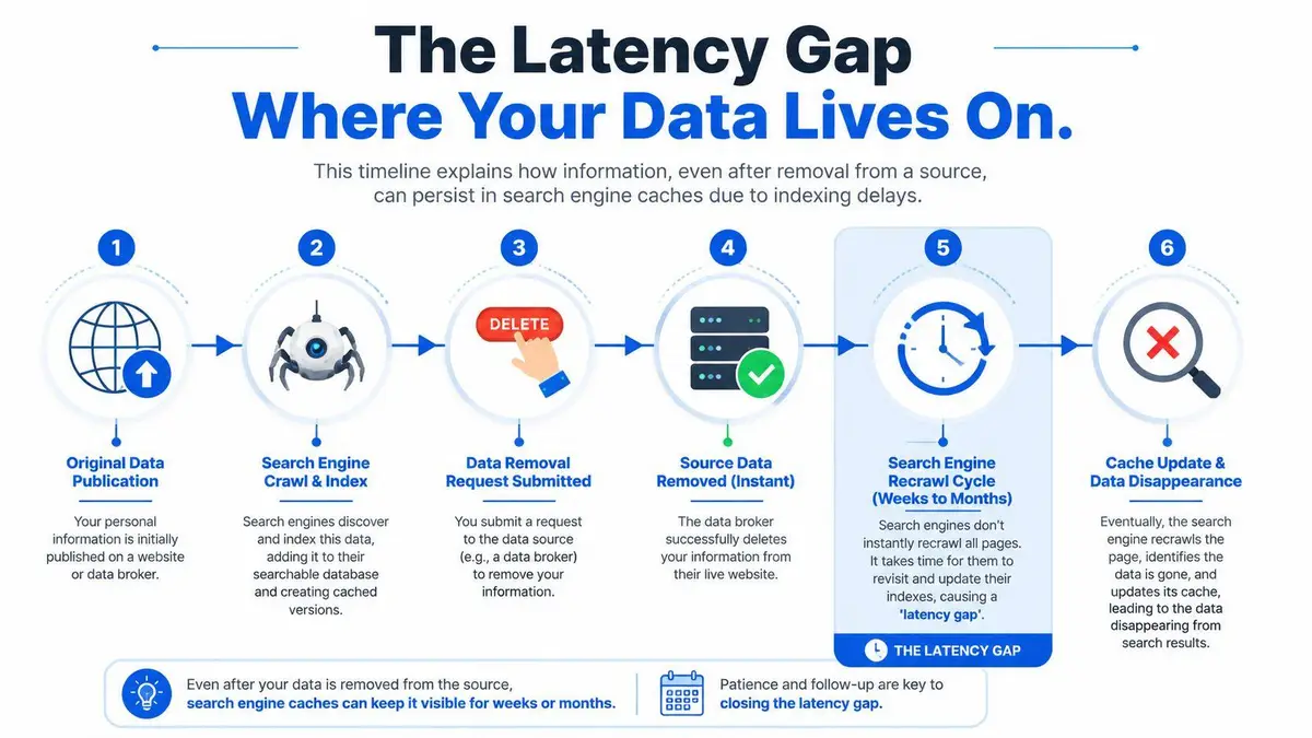 A timeline graphic showing why personal data remains visible in search engine caches after removal from sources.