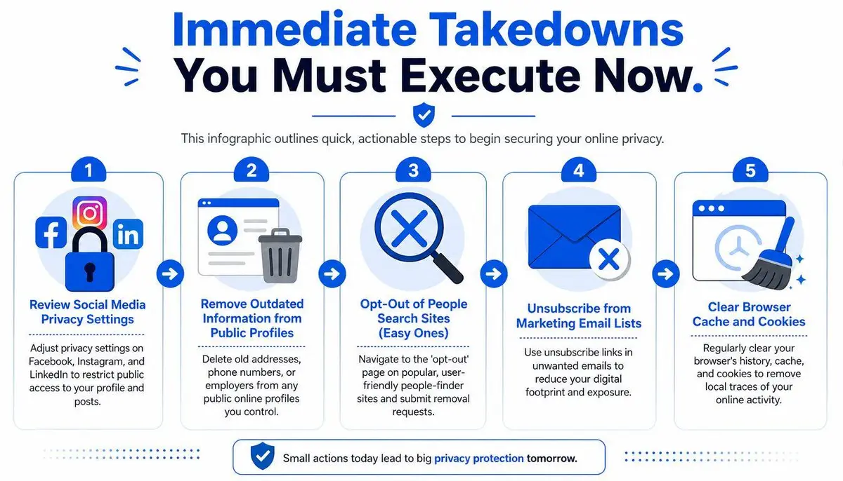 An infographic detailing five actionable steps to improve personal online privacy and data protection.