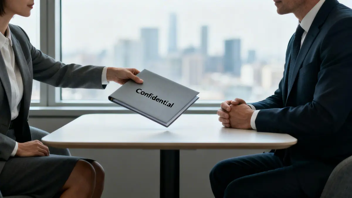 A businesswoman hands a "Confidential" folder to a businessman across a table in an office.