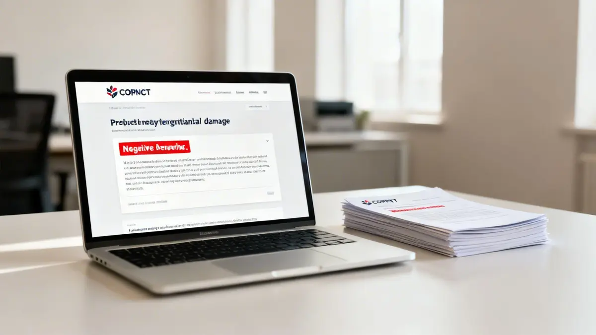 A laptop displaying 'Negative behavior' on a COPNCT webpage, next to a stack of documents on a white office desk.