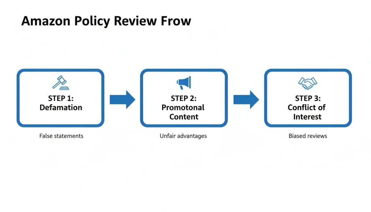 Flowchart illustrating Amazon's policy review process with steps for defamation, promotional content, and conflict of interest.