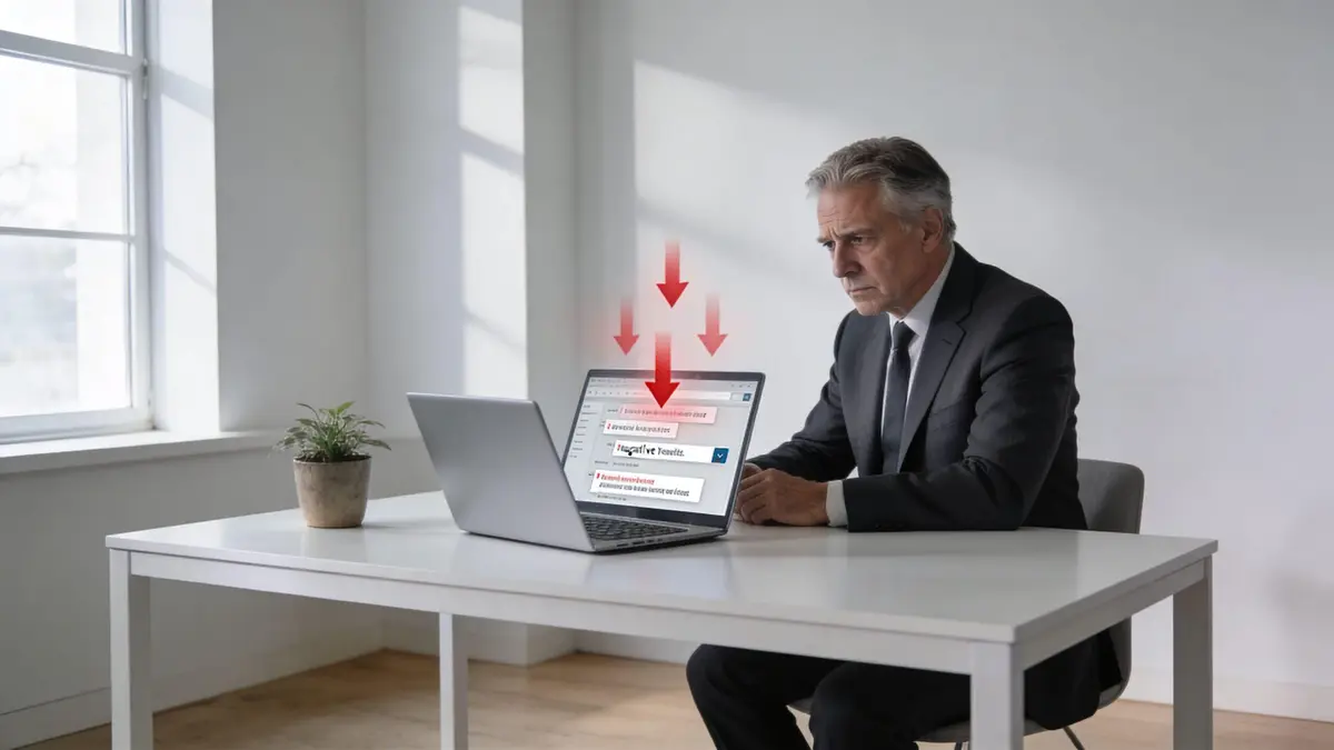 A businessman in a suit looks concerned while reviewing negative background check results on his laptop screen.