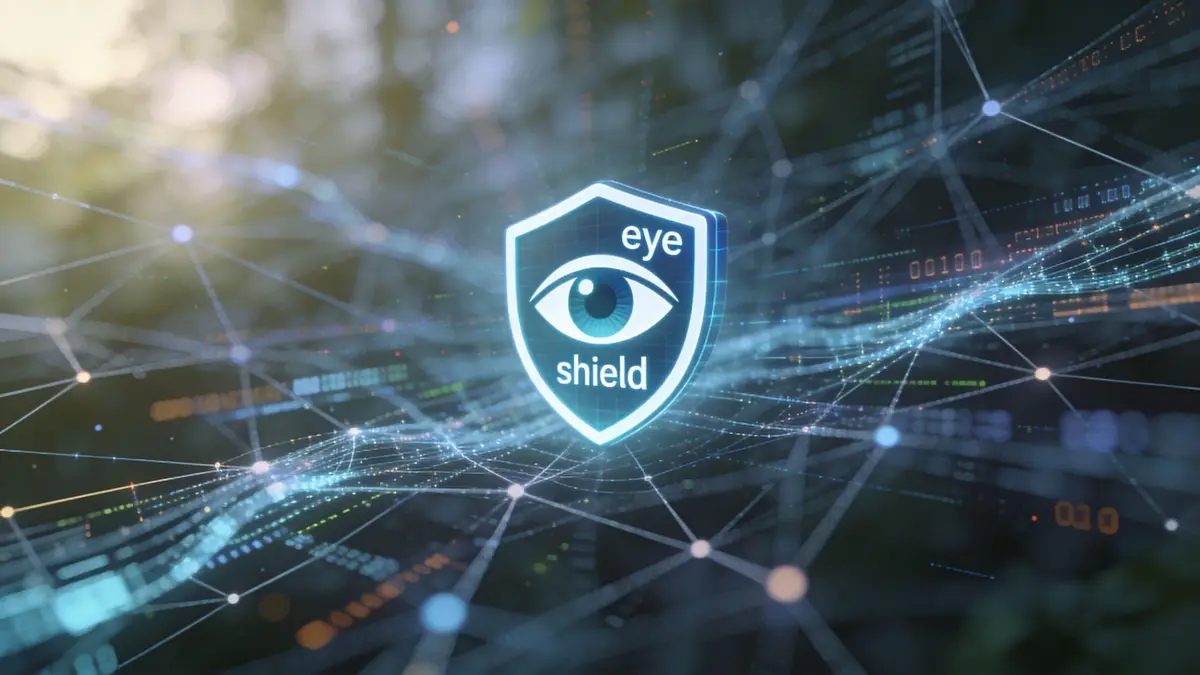 A glowing digital shield icon with an eye symbol, representing online privacy and data protection concepts.
