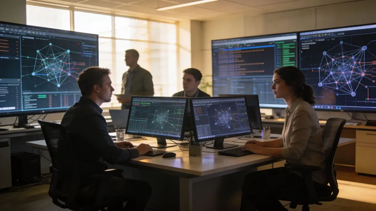 A professional team of analysts working in a high-tech office with large digital data monitoring screens.