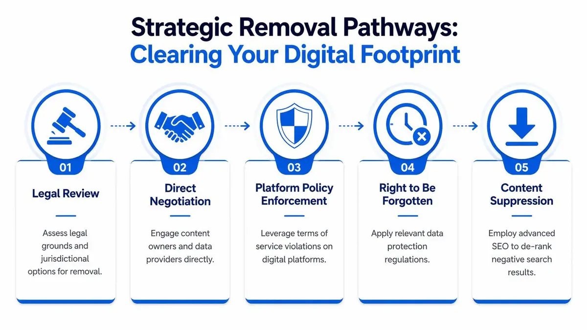 A flowchart infographic titled Strategic Removal Pathways outlining five steps to clear your digital footprint online.