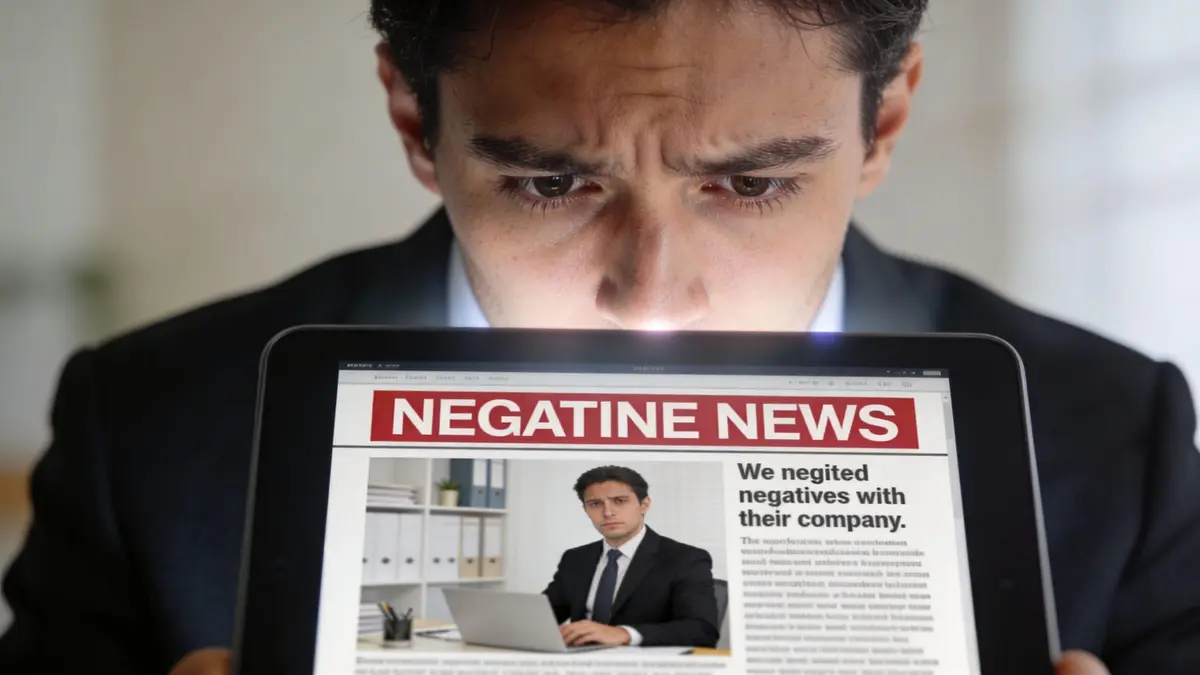 A concerned businessman looking down at a tablet displaying a news article titled Negative News.