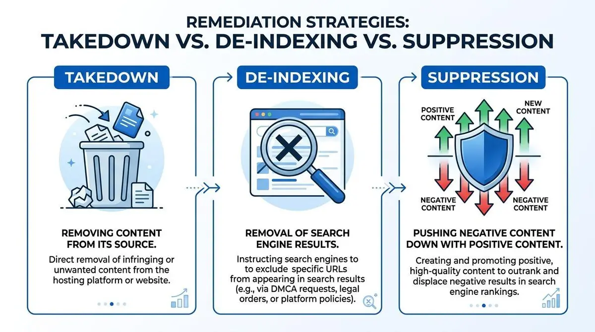 A diagram illustrating remediation strategies for removing bad content including takedown, de-indexing, and suppression methods.