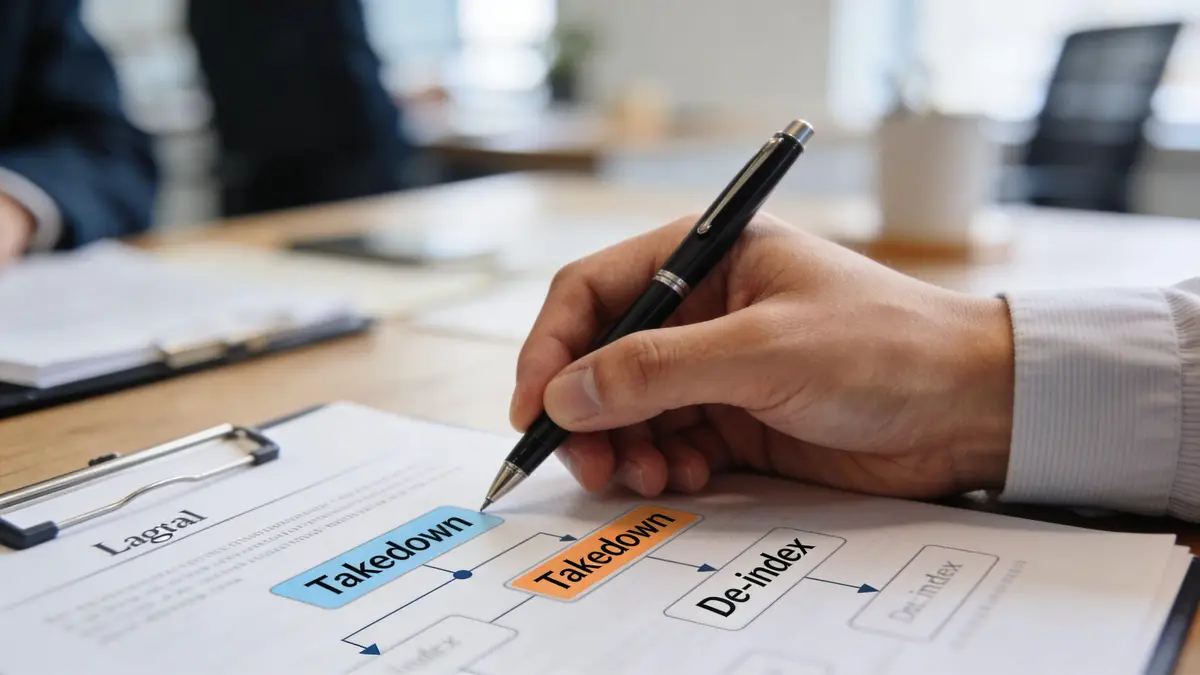 A professional holding a pen, reviewing a flowchart regarding website takedown and de-indexing procedures in an office.