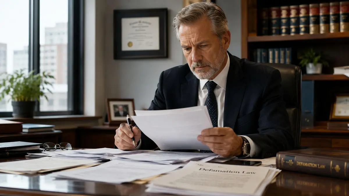 A professional middle-aged lawyer reading legal documents related to defamation law in his office.