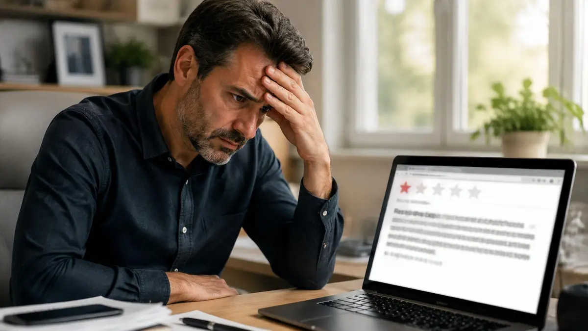 A concerned businessman looking stressed while reading a negative online review on his laptop screen.