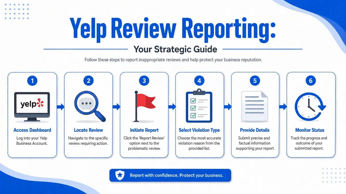 A six-step visual guide illustrating how to report inappropriate reviews on a Yelp business account dashboard.