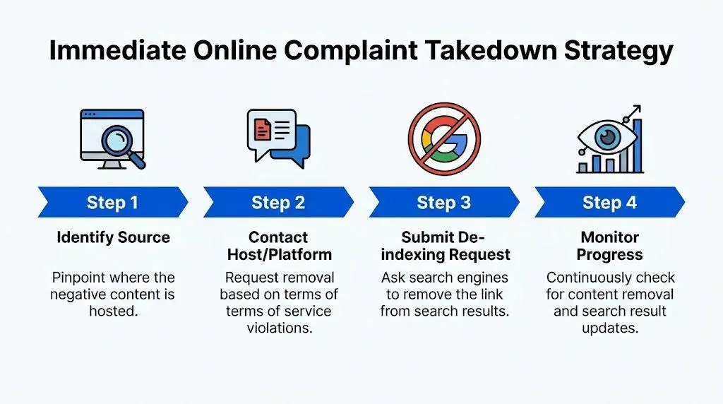 A four-step infographic showing the strategic process for removing negative online complaints from the internet.