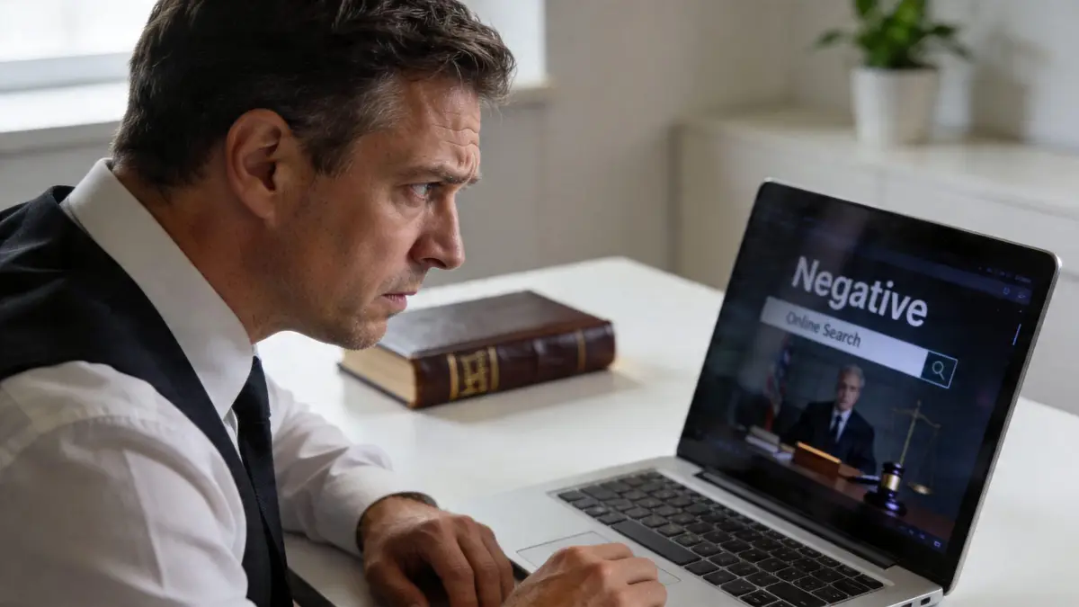 A concerned lawyer in a suit and tie looking at a laptop screen showing a negative online search.