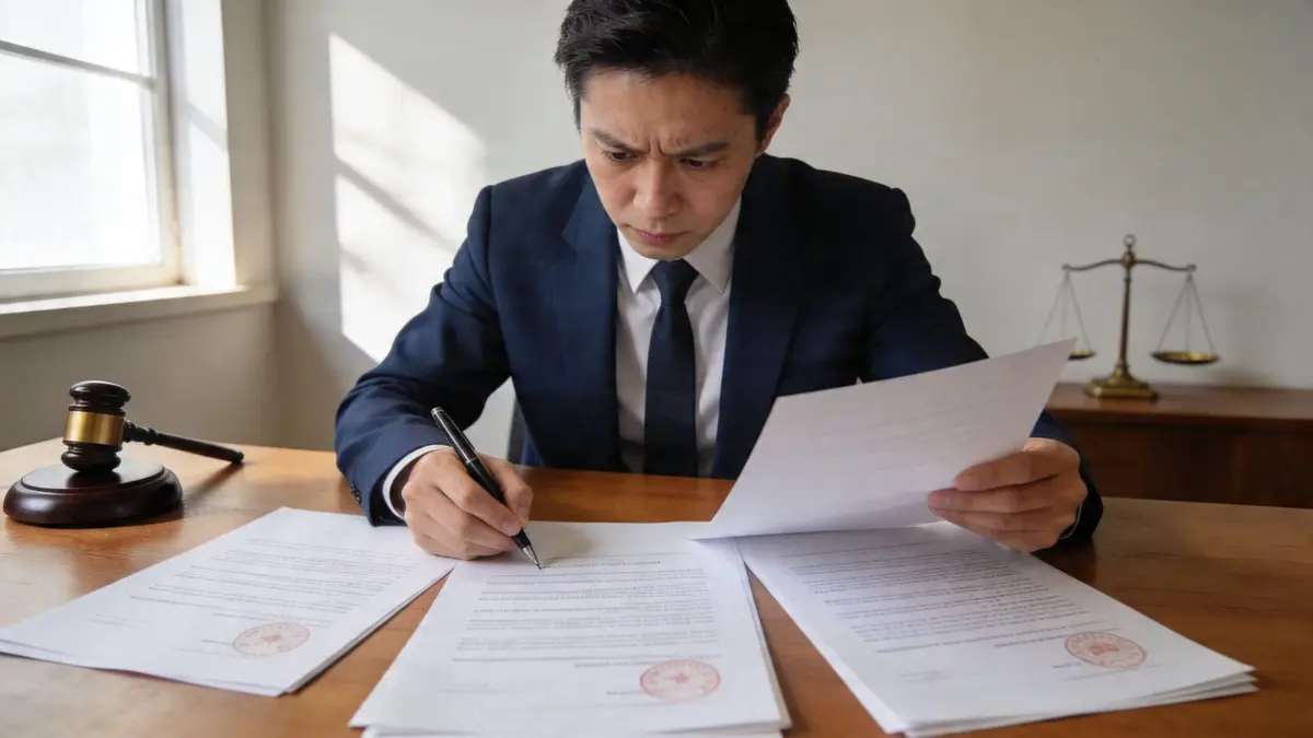 A serious lawyer in a suit signing official legal documents at a desk in his office.