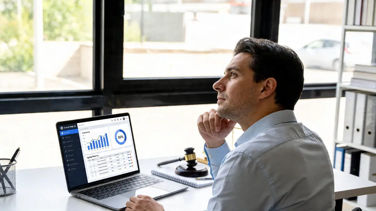 A professional man looking thoughtfully at a laptop screen displaying business data analysis in a modern office.