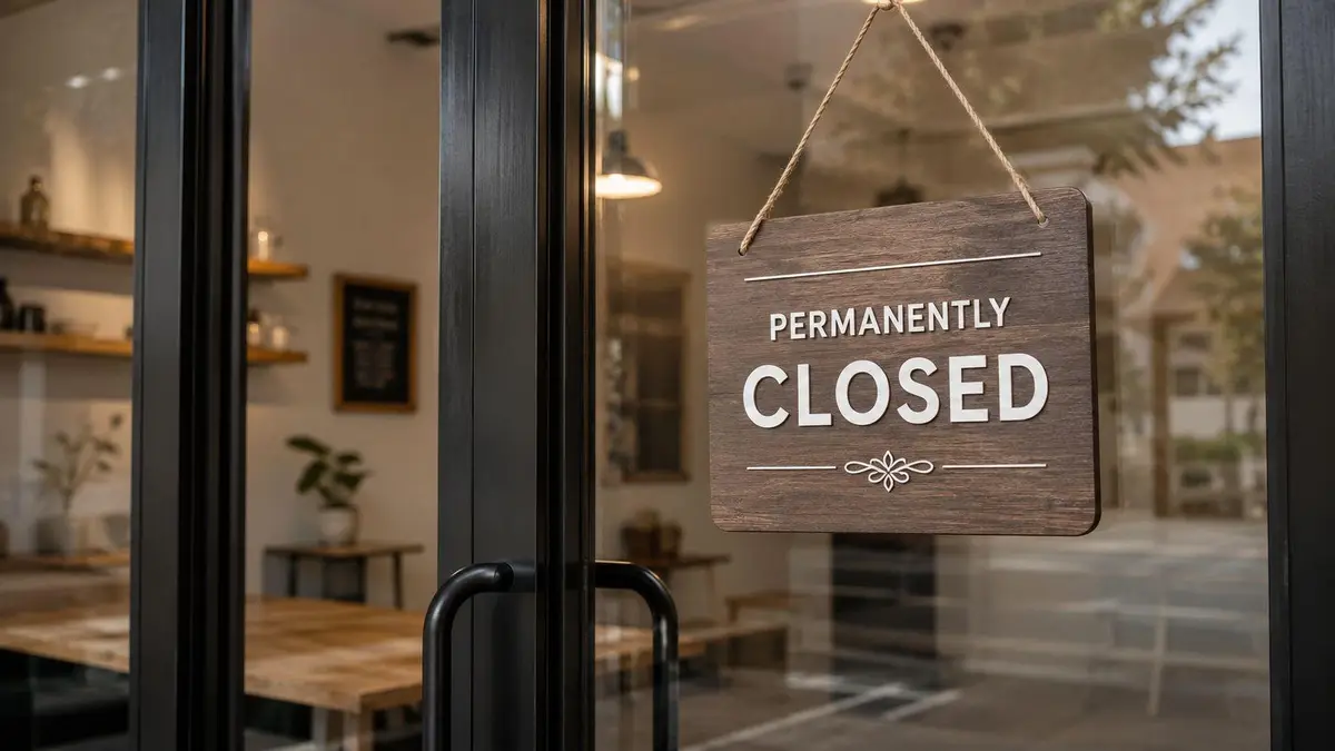 A wooden sign on a glass door displaying the words PERMANENTLY CLOSED to indicate business closure.
